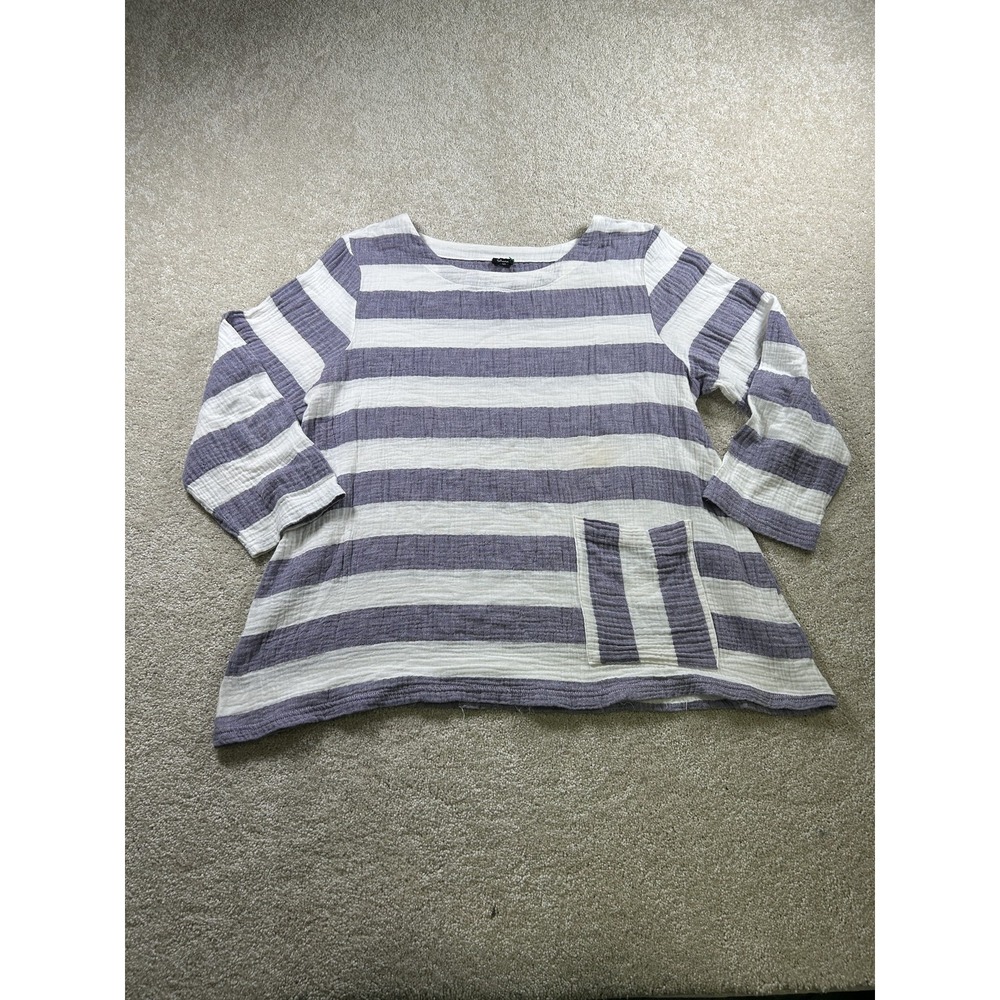 Shana Pullover Top Womens Medium Purple White‎ Striped Pocket Textured Relaxed